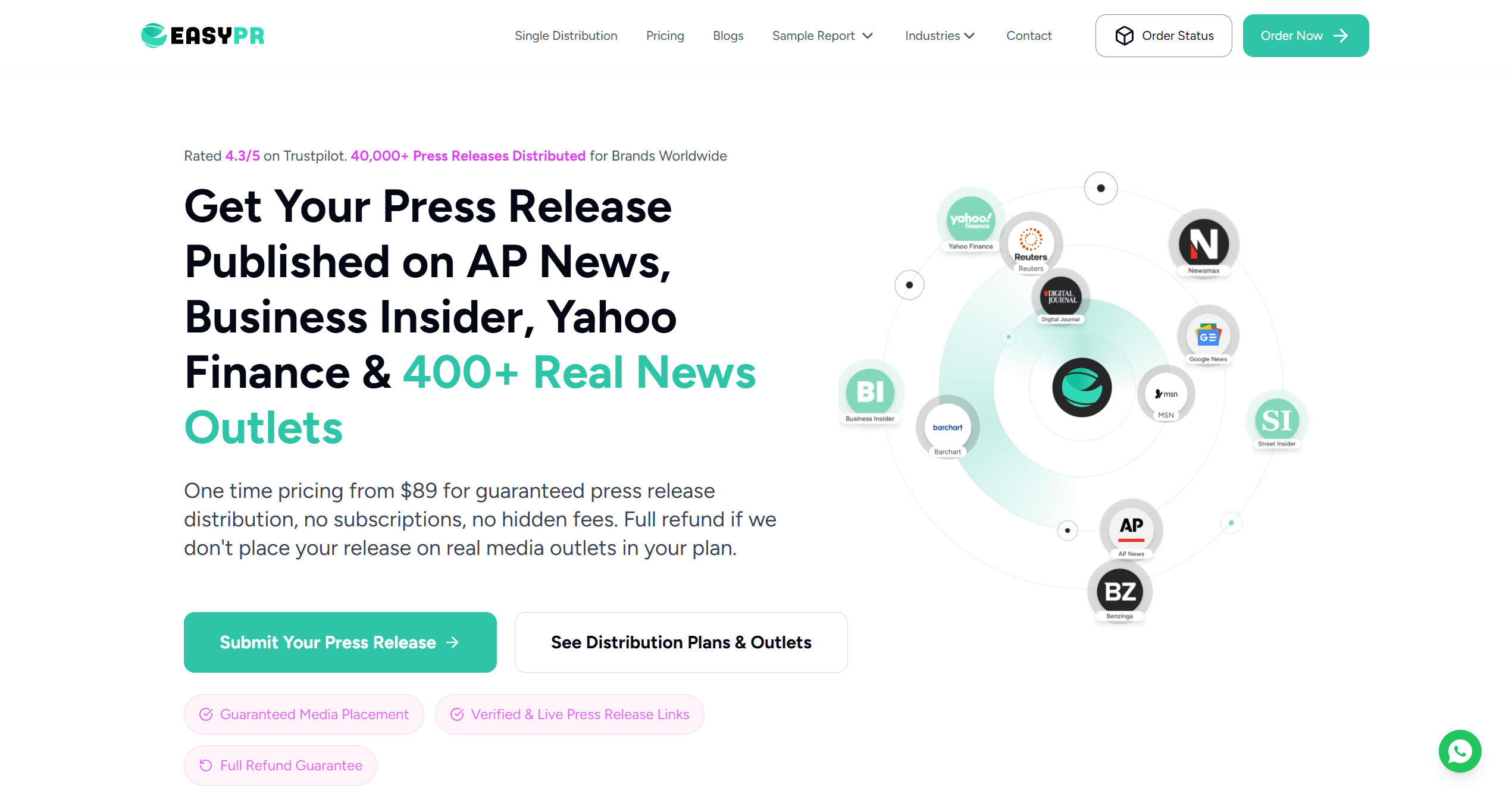 EasyPRwire homepage with a ring of news outlet logos and the headline about publishing on AP News and Yahoo Finance