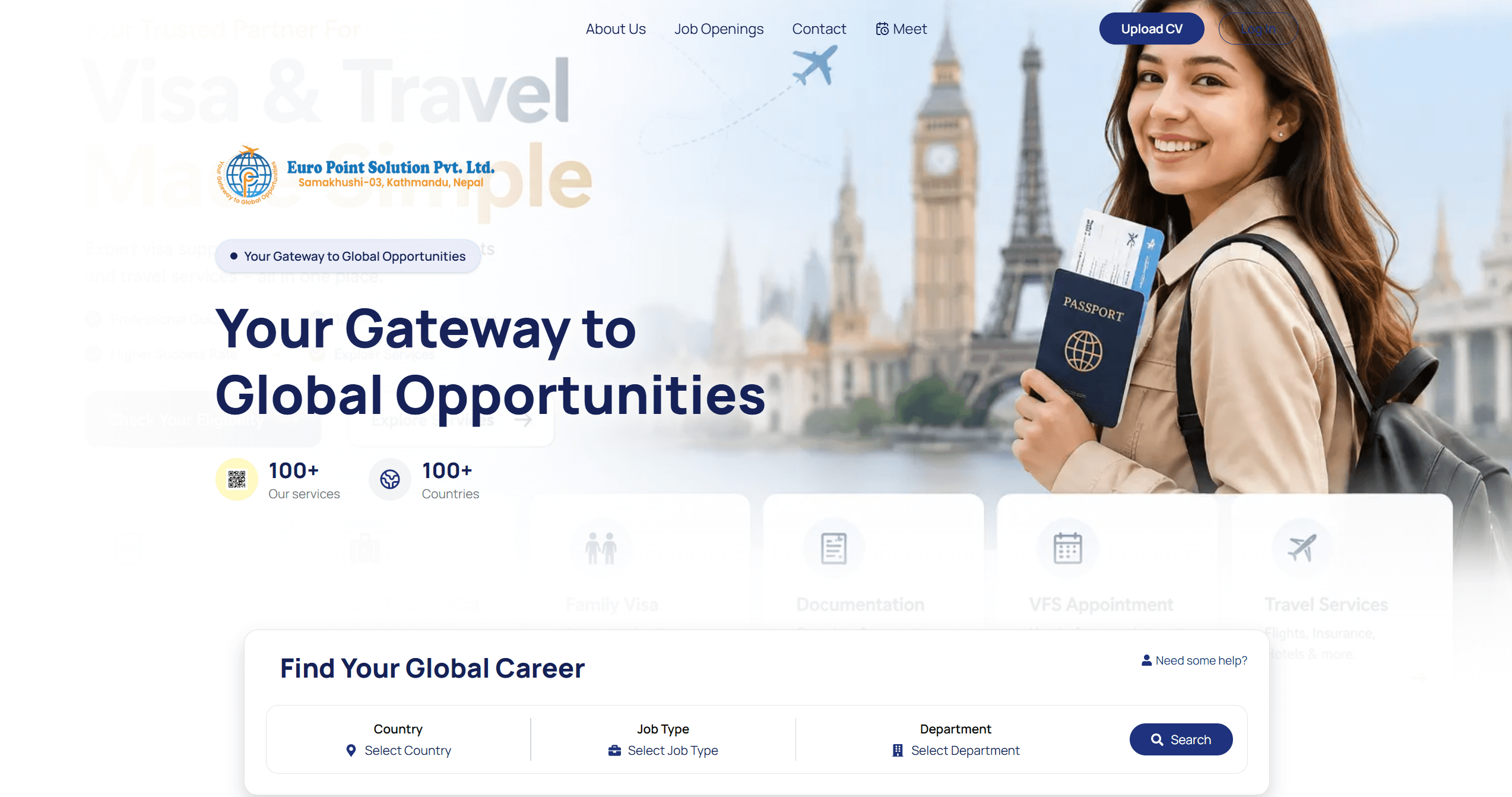 EBJobs homepage showing the Gateway to Global Opportunities headline, service cards and a job search bar