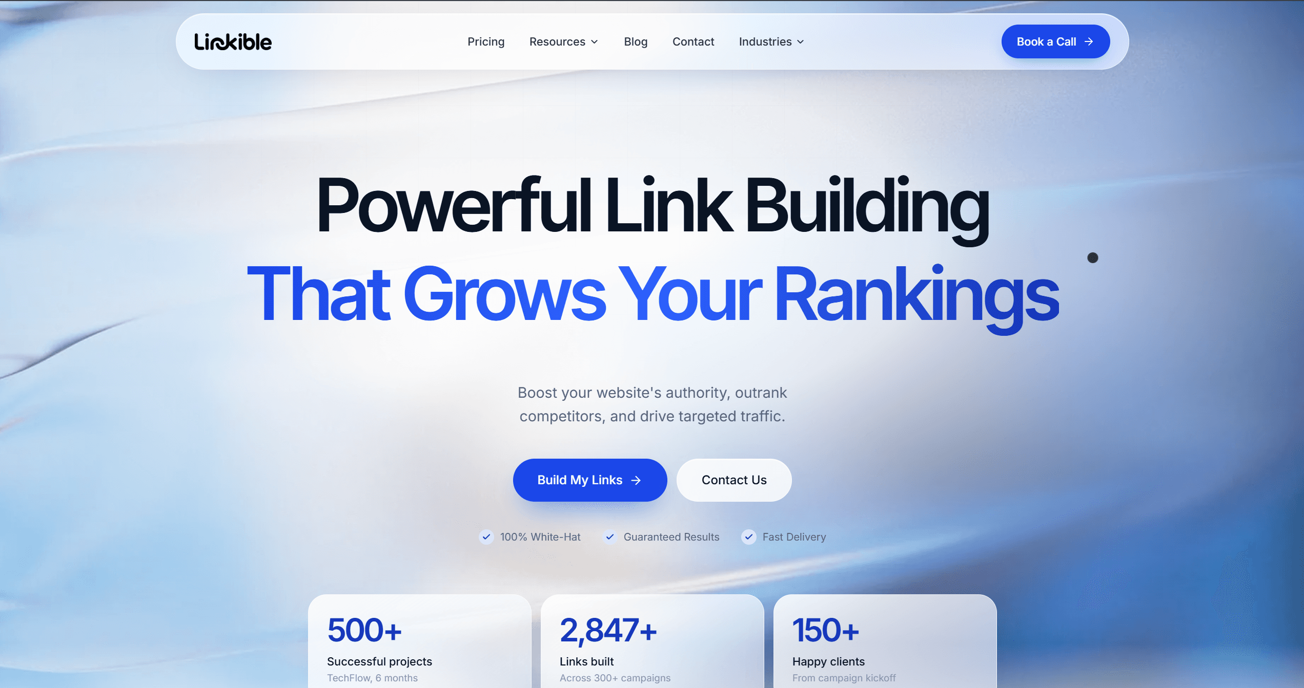 Linkible homepage with a blue gradient background, the headline Powerful Link Building and three stat cards