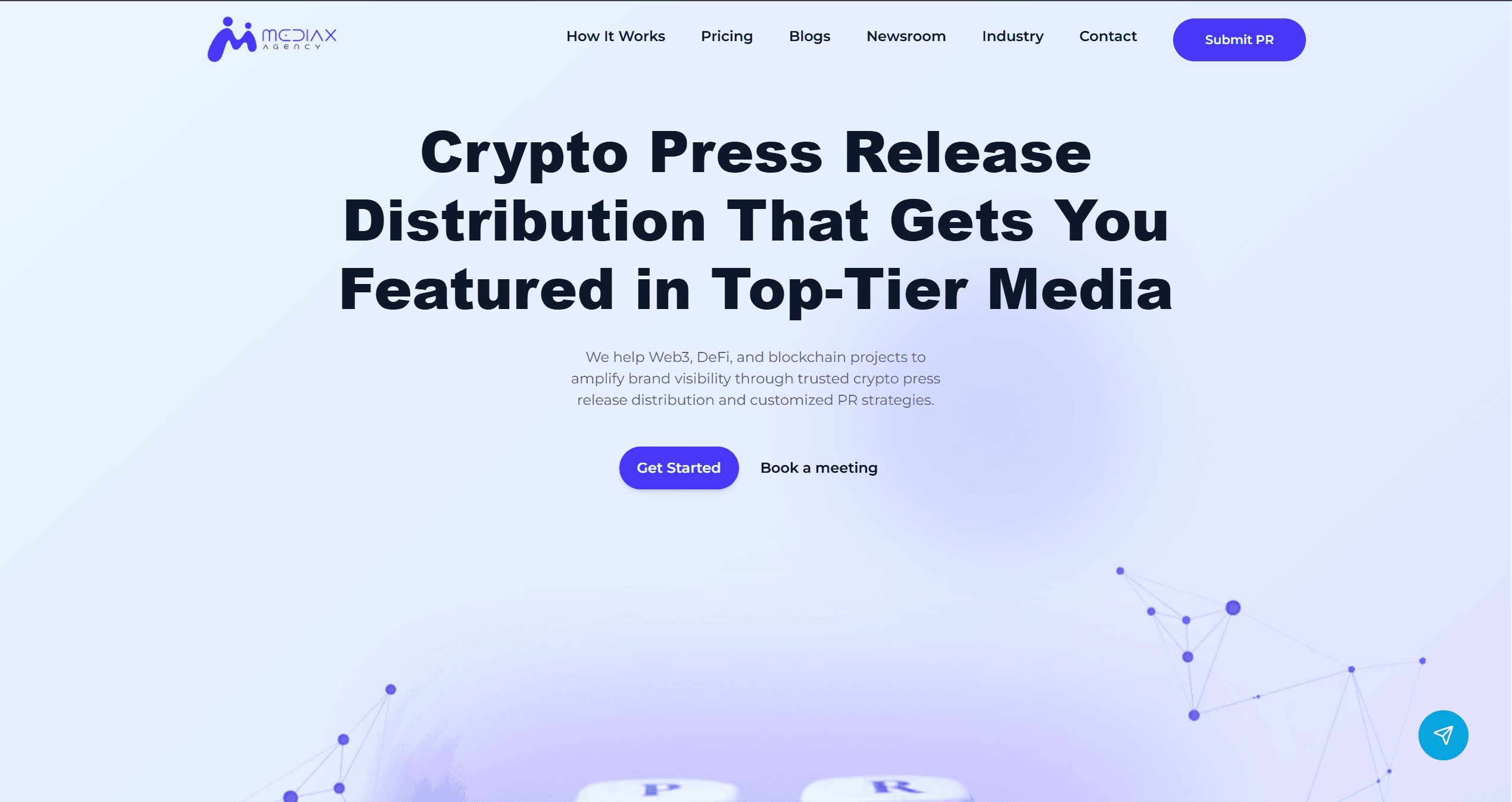 MediaX Agency homepage with the headline Crypto Press Release Distribution and a lavender gradient with network nodes