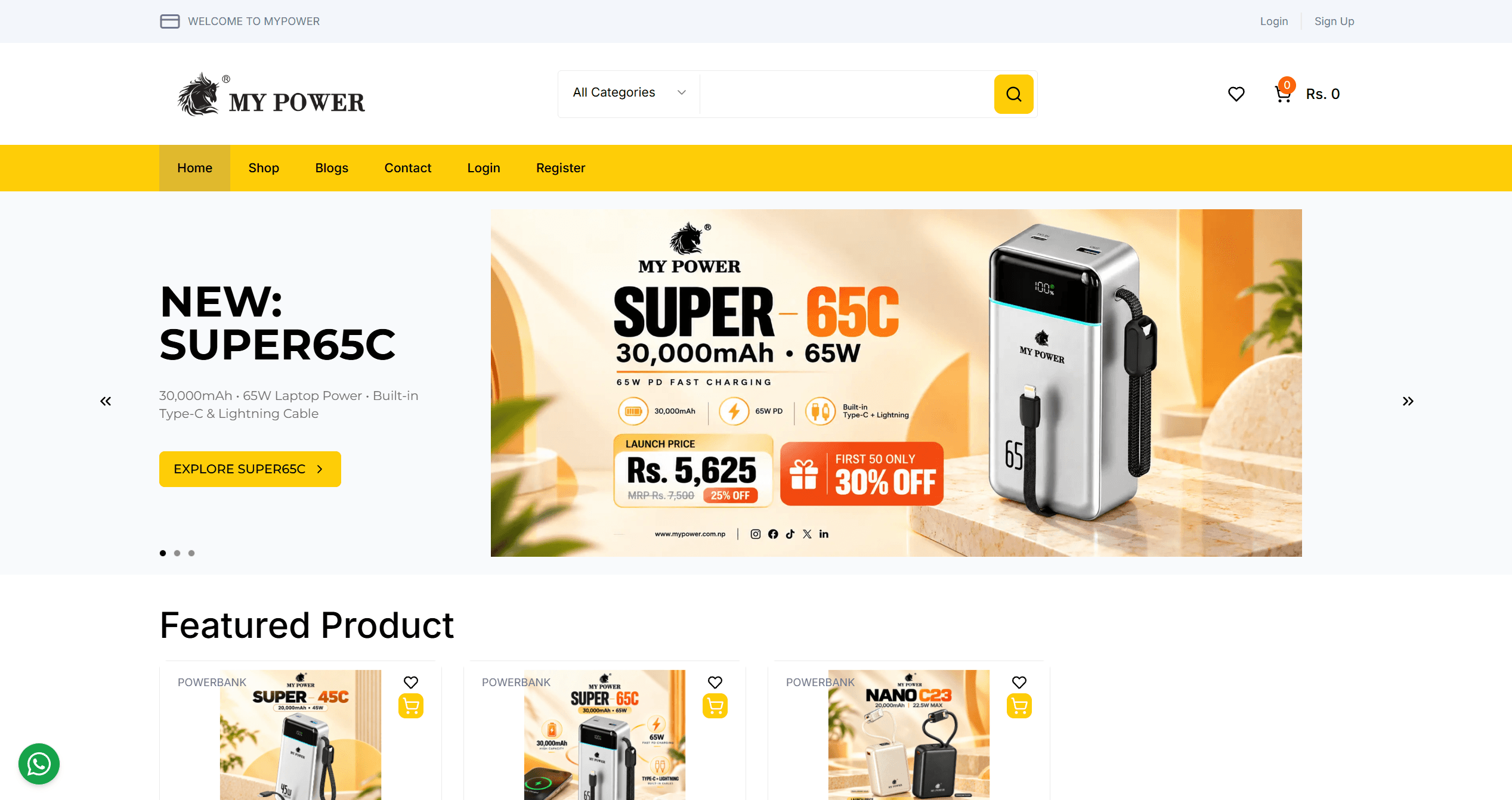 My Power homepage with a yellow navigation bar and a Super 65C power bank promotion