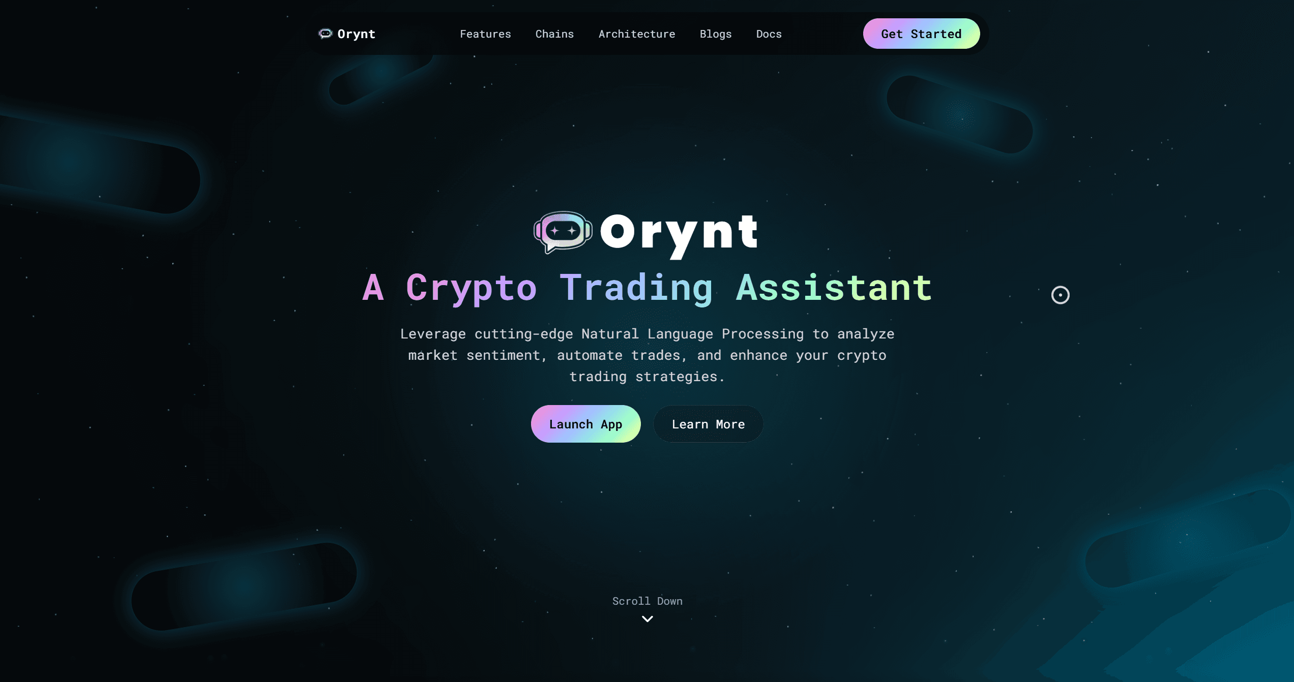 Orynt landing page on a dark starfield with the headline A Crypto Trading Assistant