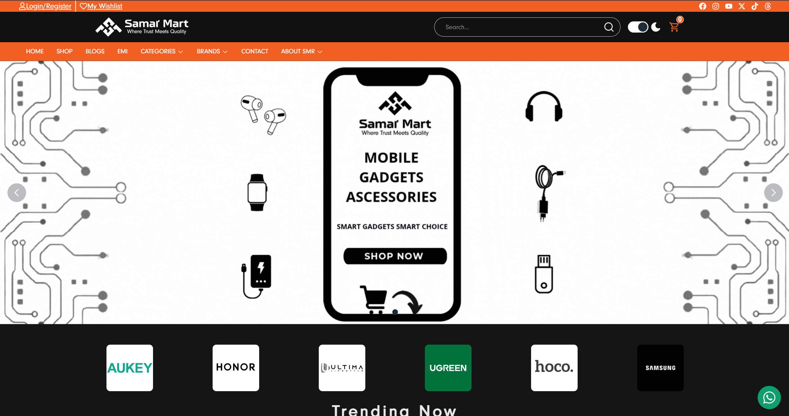 Samar Mart homepage with an orange header, a gadgets banner and a strip of brand logos