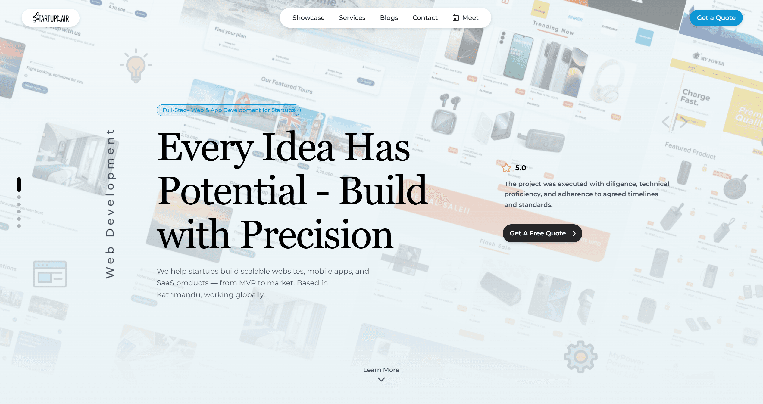 Startuplair homepage with the headline Every Idea Has Potential, Build with Precision over a faded collage of project screenshots