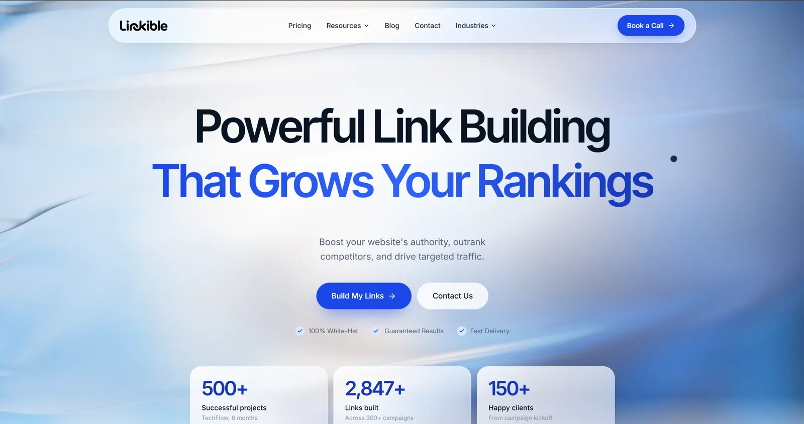 Linkible homepage with a blue gradient background, the headline Powerful Link Building and three stat cards