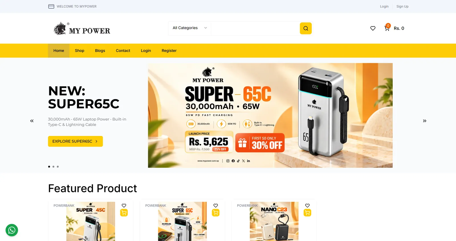 My Power homepage with a yellow navigation bar and a Super 65C power bank promotion