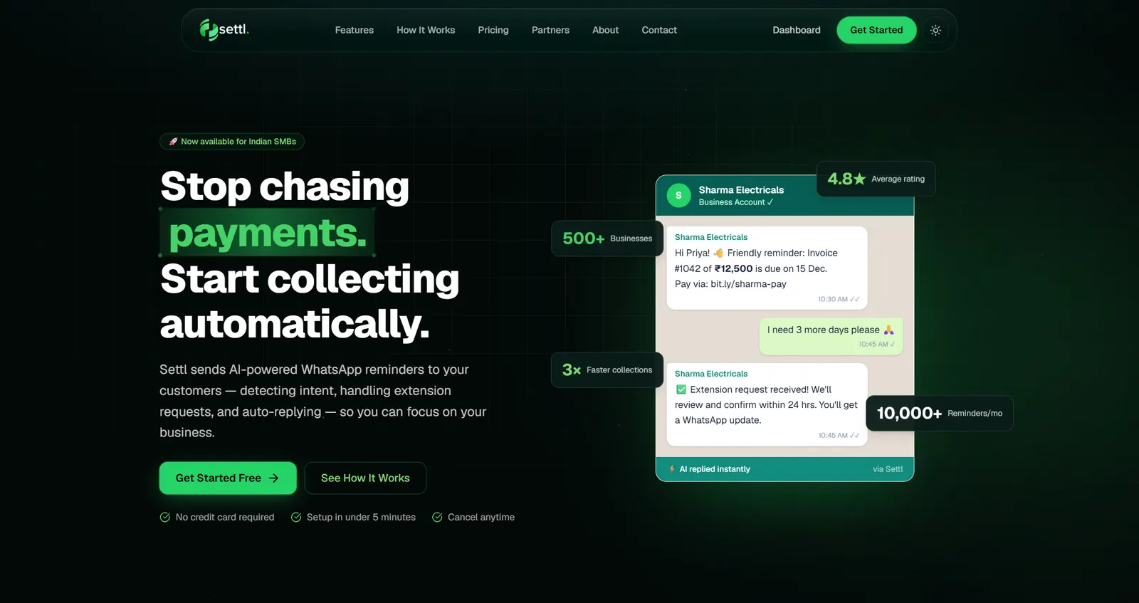 Settl homepage with the headline Stop chasing payments and a WhatsApp reminder conversation on a dark green background