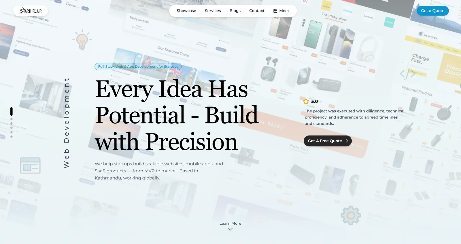 Startuplair homepage with the headline Every Idea Has Potential, Build with Precision over a faded collage of project screenshots
